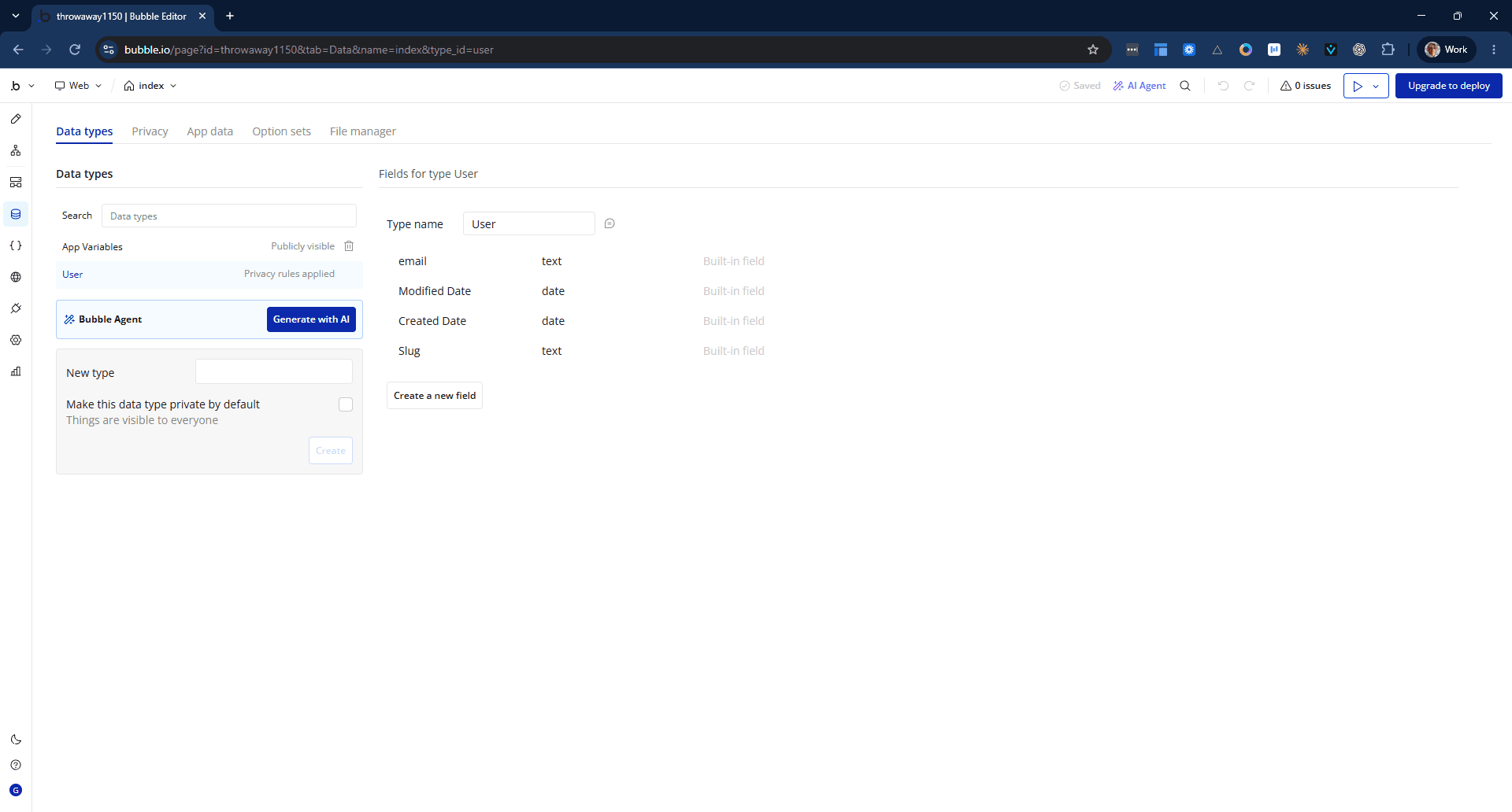The Data tab before pasting. Two entries, both Bubble's own: App Variables, and the built-in User with its four built-in fields.