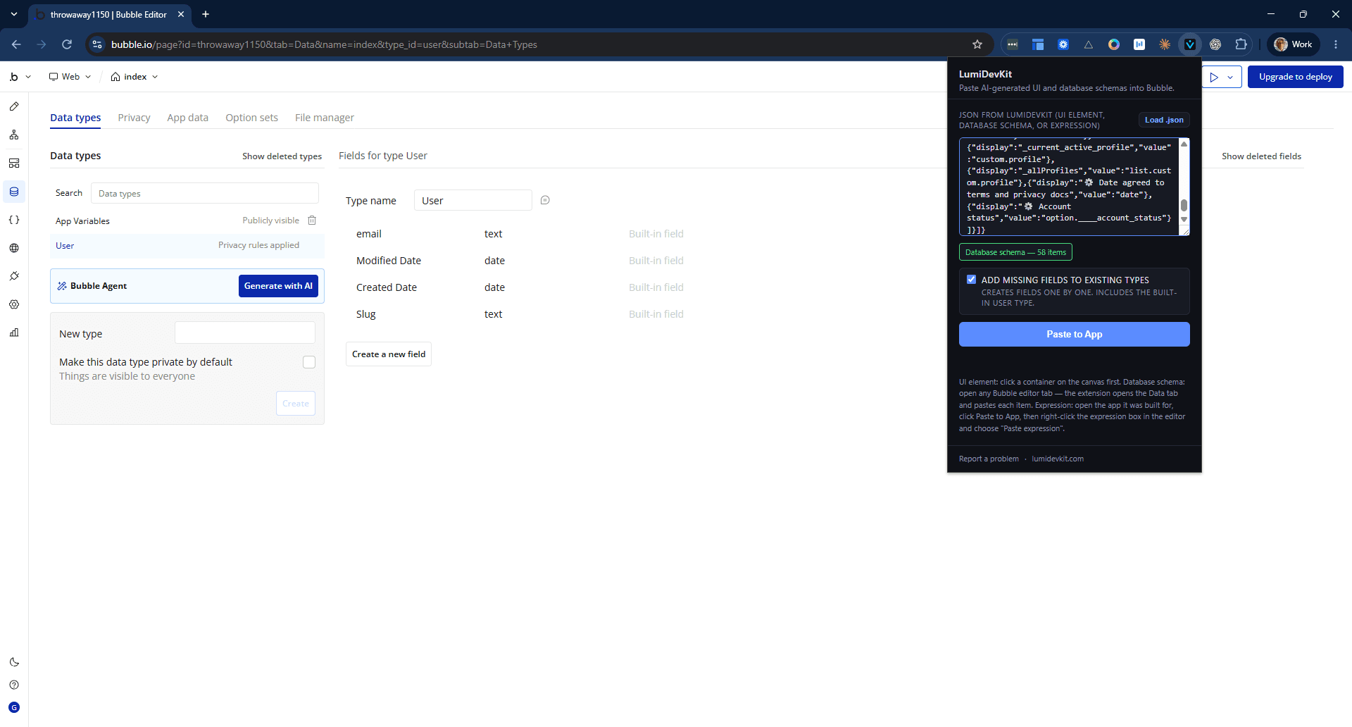 A schema loaded and ready. The badge confirms the payload parsed and counts what is in it, so a truncated or half-copied paste gets caught before anything is written to your app.