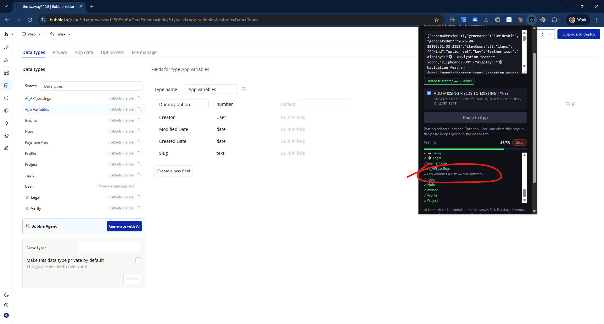 App Variables was in the app before the paste began, so it is reported as "exists, not updated" instead of being pasted a second time.