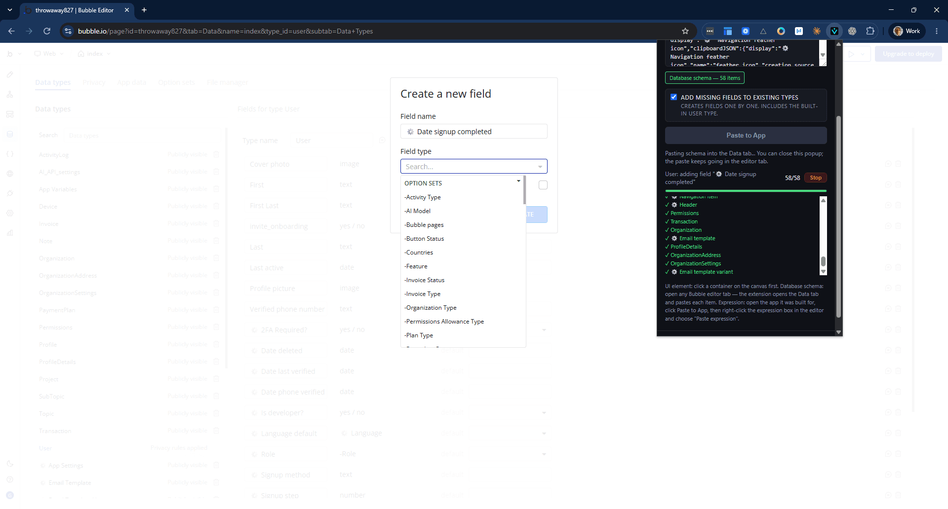The extension driving Bubble's own Create a new field dialog, one User field at a time. It runs last so that every option set a field might point at already exists.