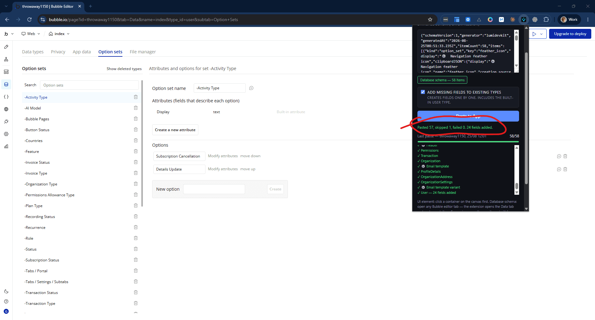 The finished run: 57 items pasted, 1 skipped, none failed, plus 24 fields added to the built-in User. Below it the run is stamped with the app it went into and when.