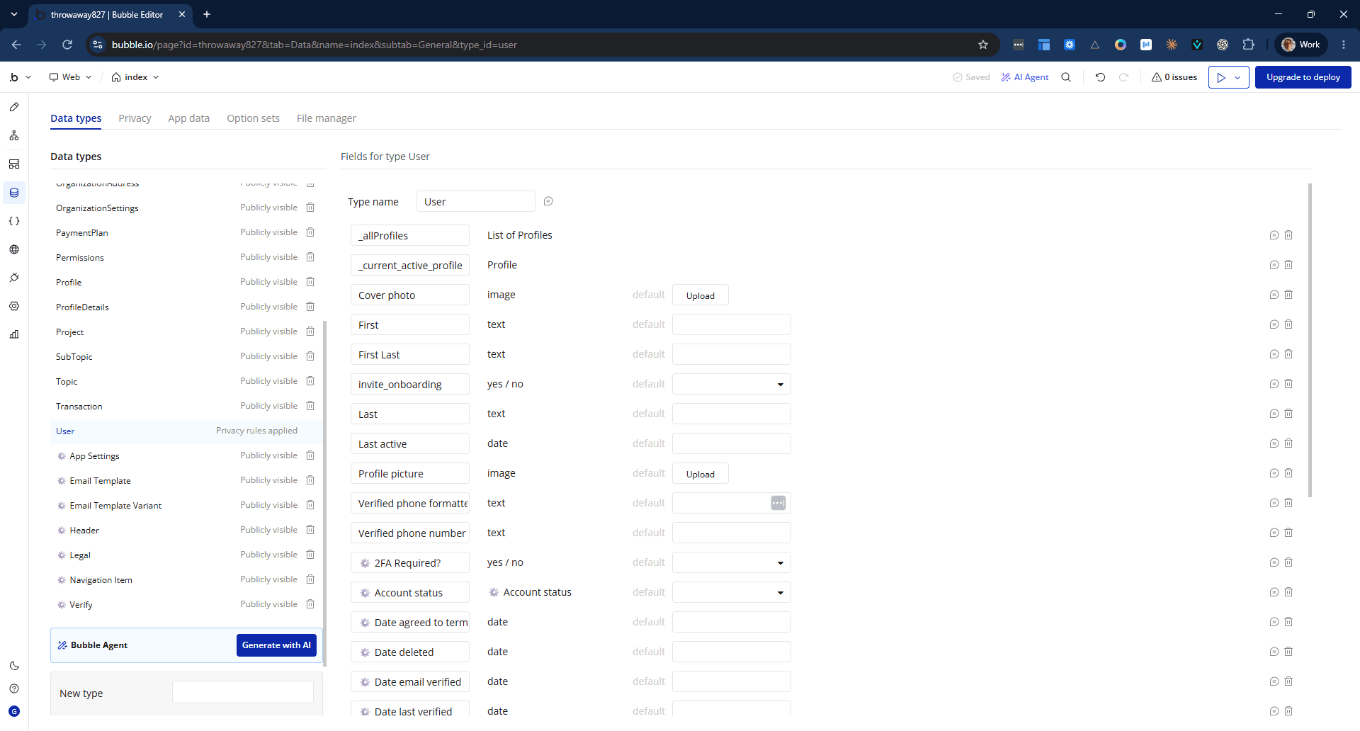 The Data tab afterwards. Every type in the schema exists, and User carries its custom fields with their types intact: lists (List of Profiles), references to other data types (Profile), and option sets (-Role).