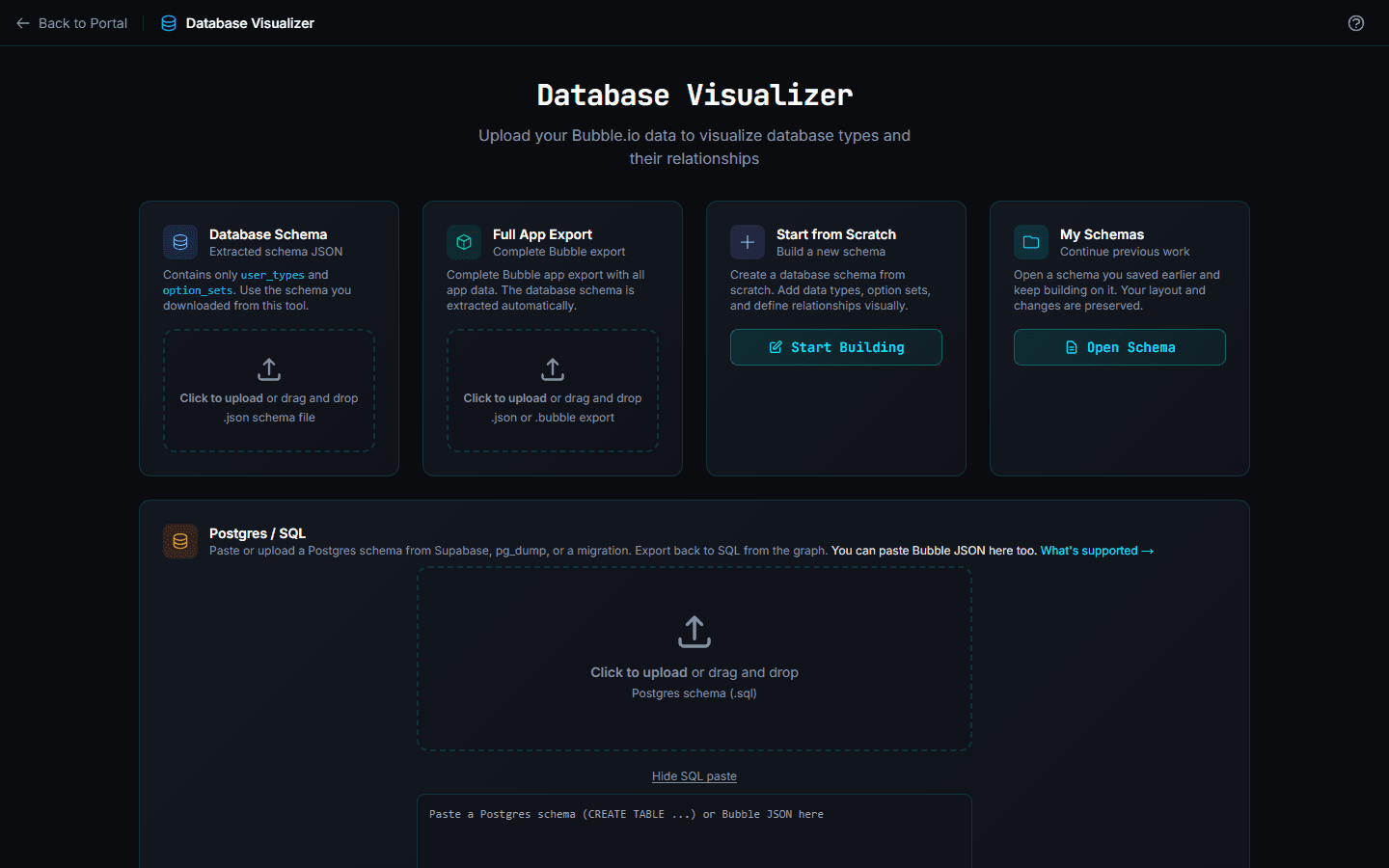 The four ways in, plus the Postgres / SQL panel underneath.