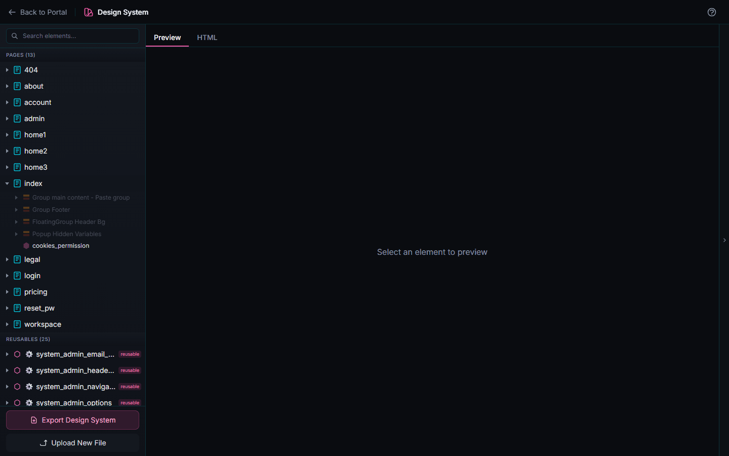 The element tree: every page and reusable, expandable down to the individual groups and elements inside.
