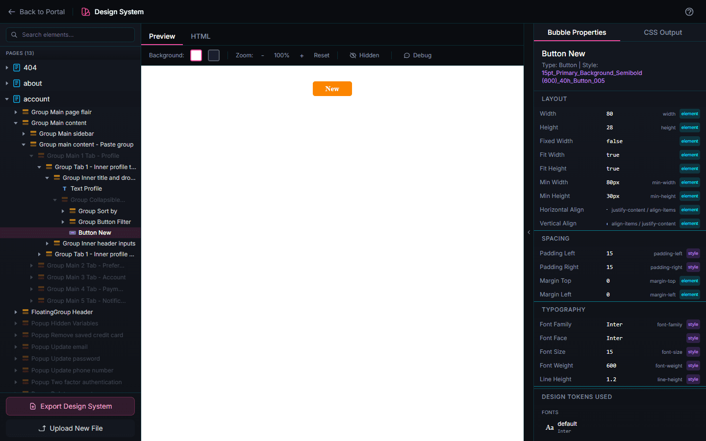 One button selected. It renders in the Preview pane, and the panel gives its Bubble style name, every resolved property tagged element or style, and the design tokens it uses.