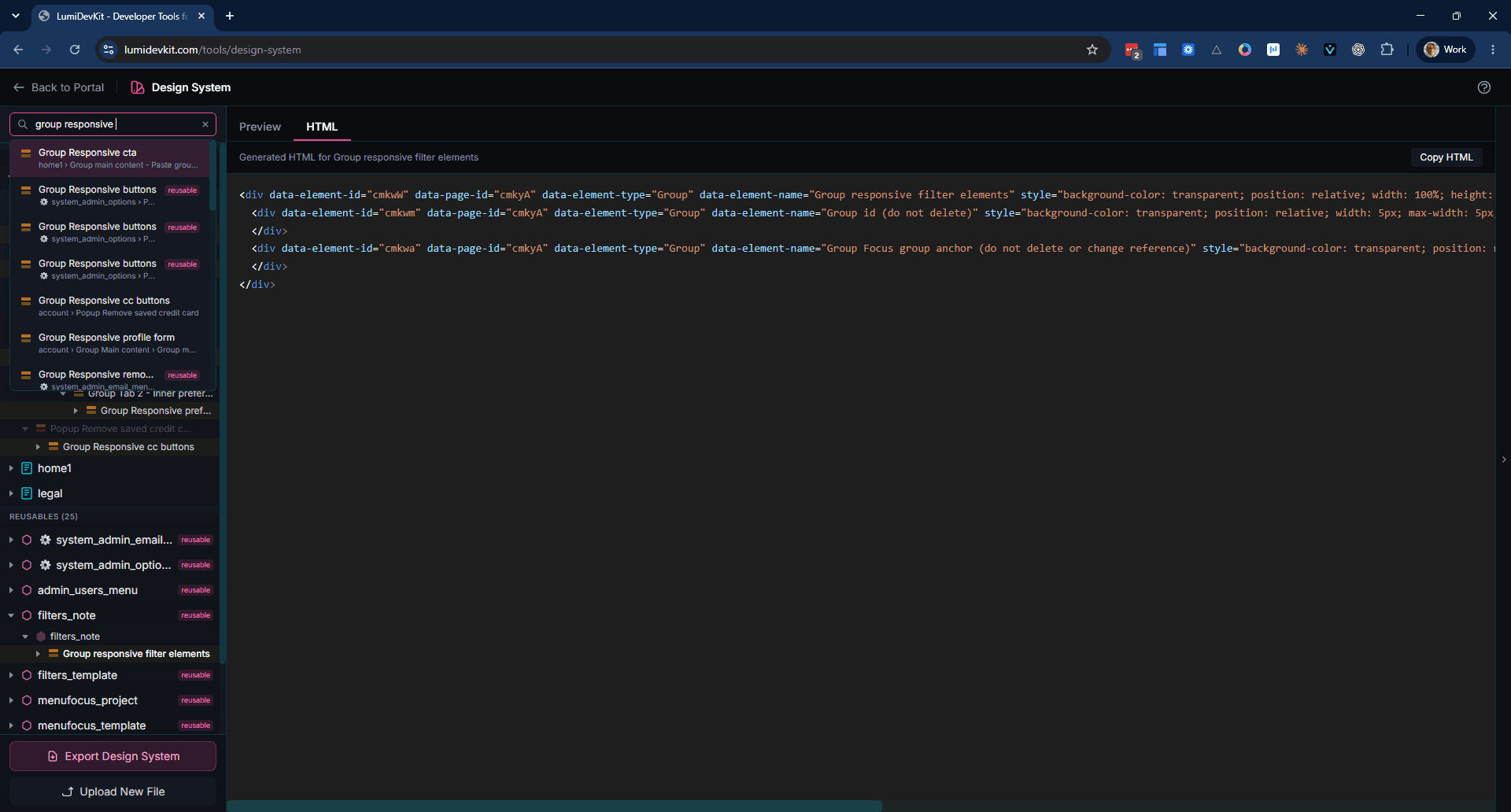 Searching "group responsive" across a whole app. Every hit names the page or reusable it belongs to, and the pink badge marks the ones inside a reusable. Long trails truncate, so identically named elements can still look alike in the list; click one to land on it in the tree and see where it really sits.