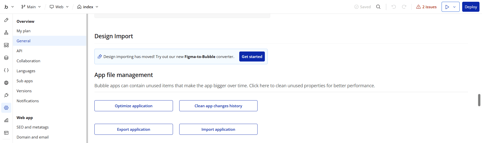 Settings → General → App file management. On a paid plan, Export application is enabled and sits directly under the heading.