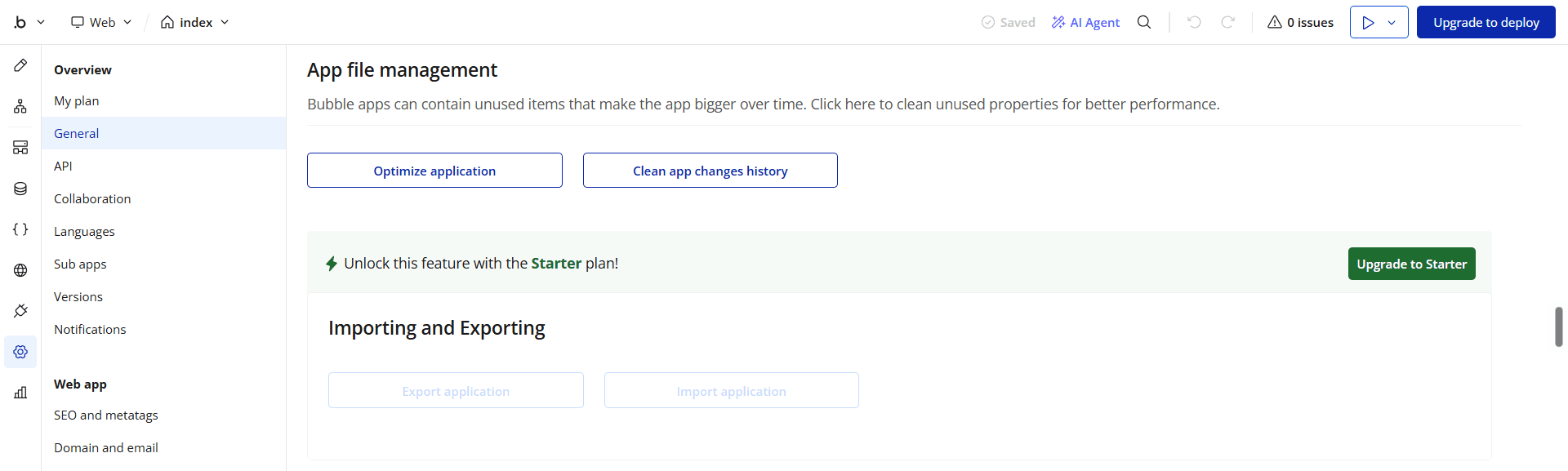 The same place on a free app. Note "Upgrade to deploy" in the toolbar, the upgrade banner, and both buttons greyed out.