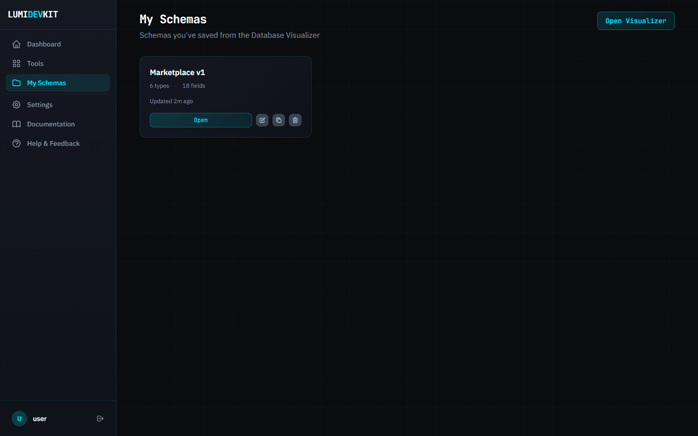 My Schemas in the portal. Each saved schema is a card with its type and field counts, and buttons to open, rename, duplicate or delete it.