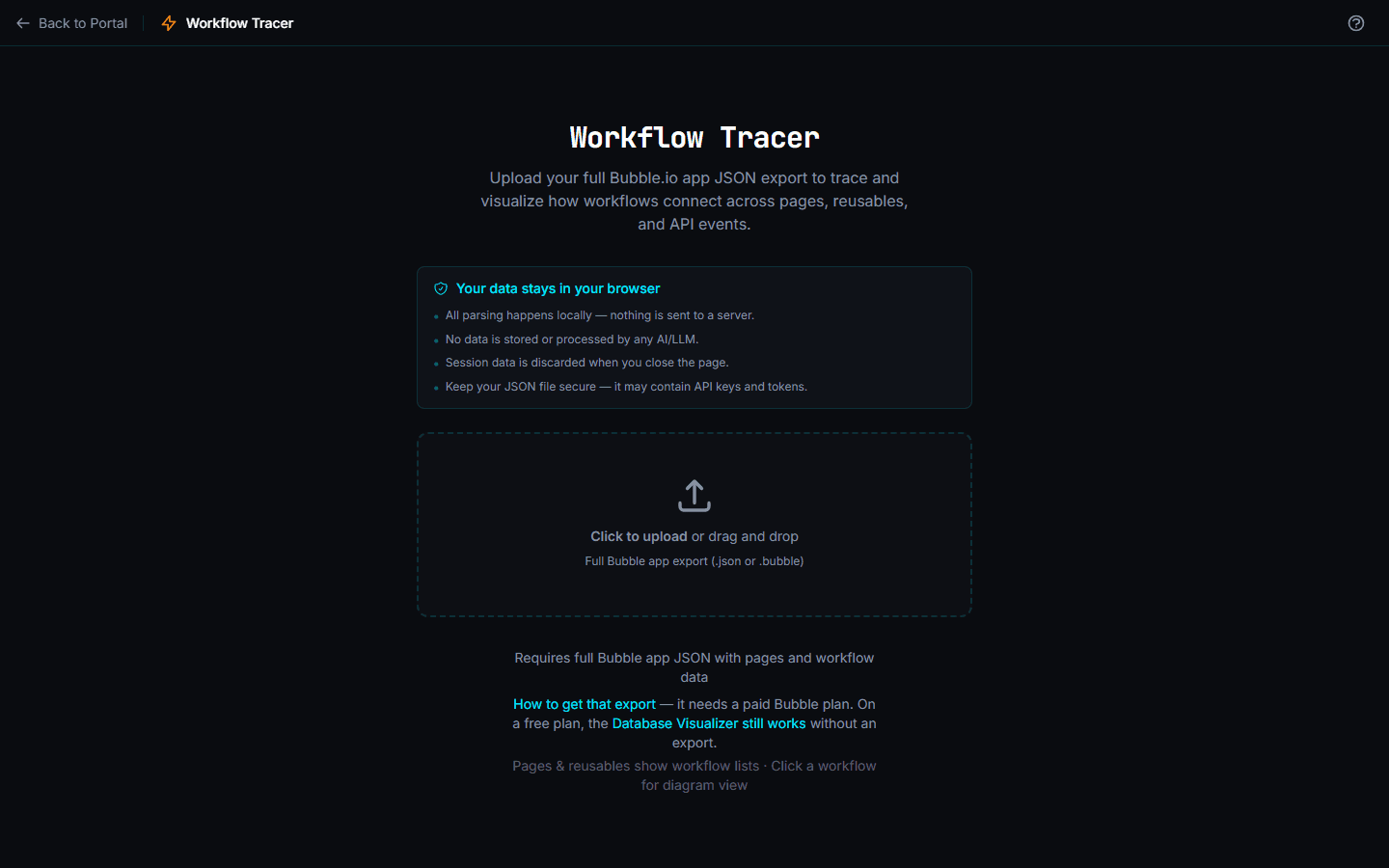The upload screen. One file, and every workflow in the app becomes traceable.