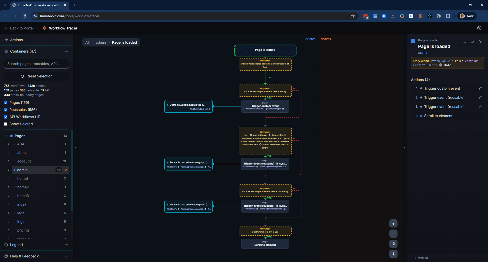 A page-load workflow with three triggered events collapsed beside it. The prefix tells you where each one lives: `Custom Event:` for an event on this page, `Reusable:` for one that belongs to a reusable, and the number in brackets is how many actions it holds.